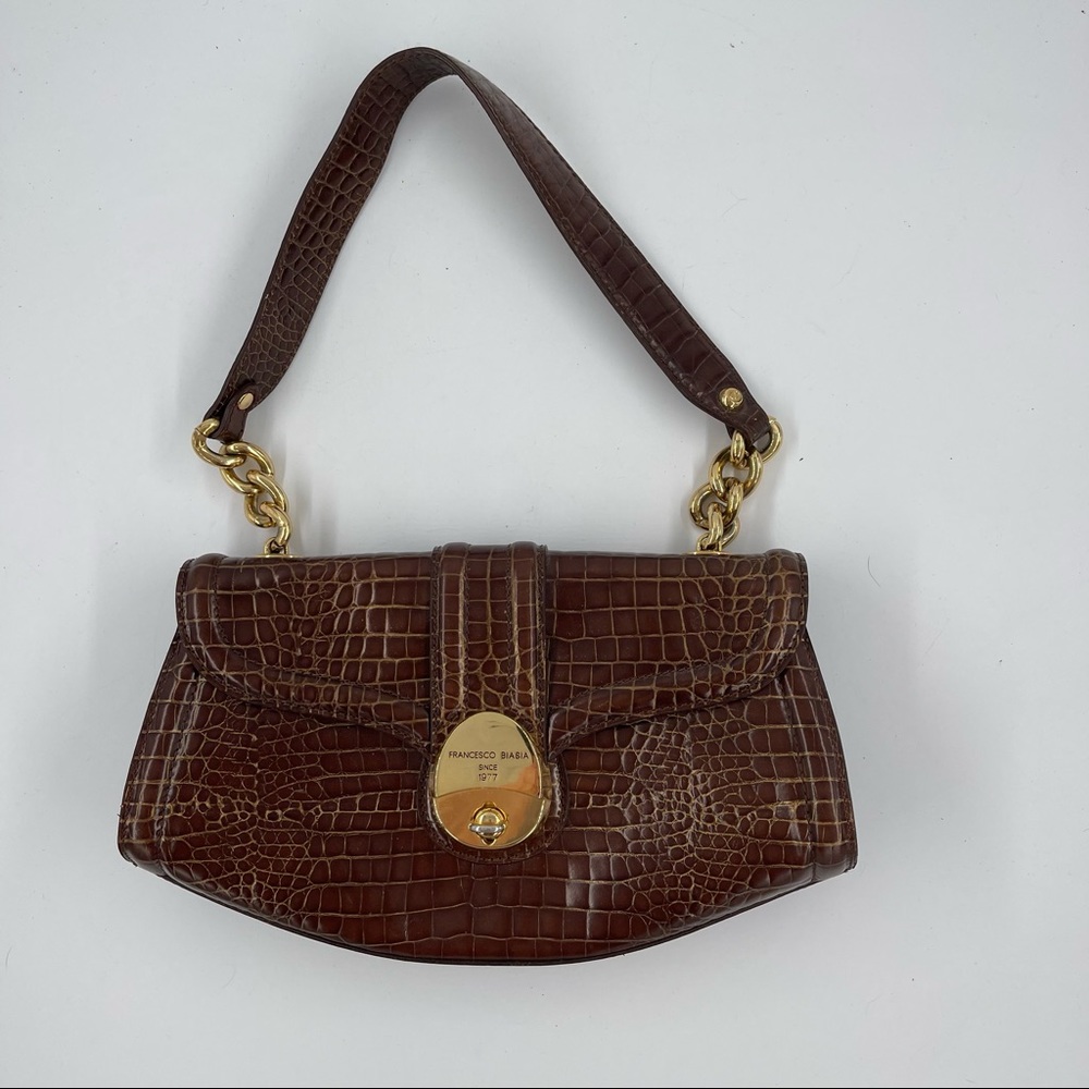 Francesco Biasia Brown Crocodile Embossed Italian Leather Shoulder Bag